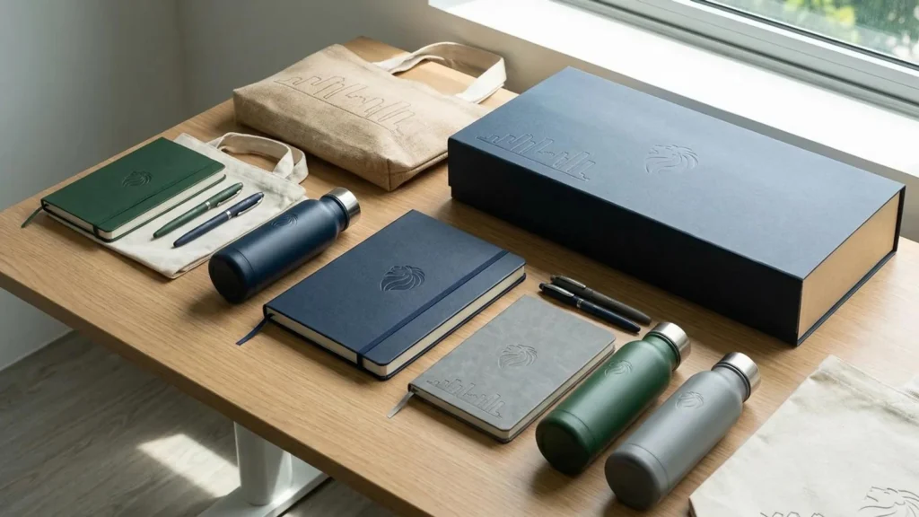 Corporate gift set on a desk: sand linen tote, navy and grey notebooks, navy, green and grey vacuum bottles, pens and a debossed presentation box