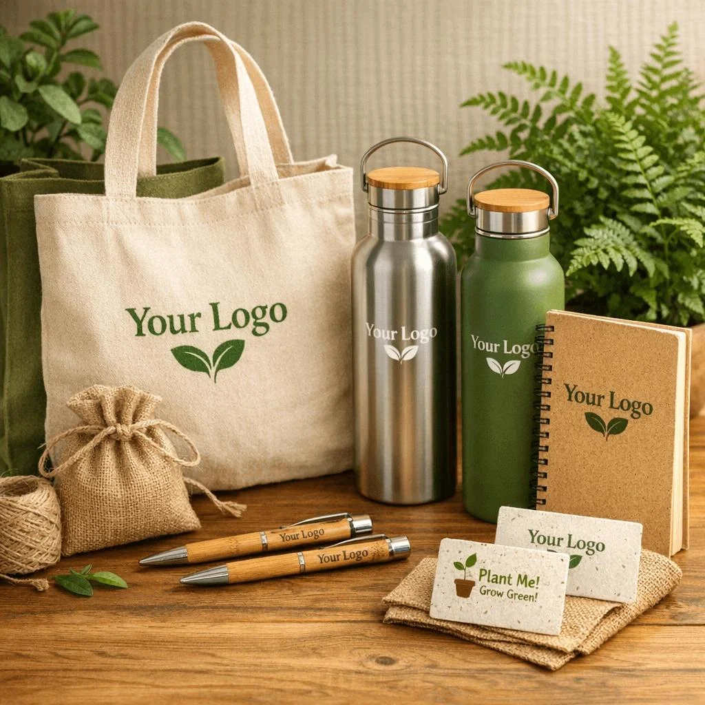 Eco gift set on a wooden table: organic cotton tote printed with a leaf logo, stainless and green bamboo-lid bottles, kraft notebook, wooden pens, jute pouch and seed-paper cards
