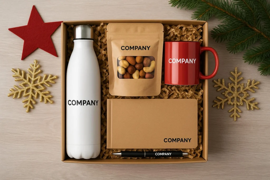 Holiday gift box with kraft filler, containing a white steel bottle, a pouch of nuts, a red enamel mug, a kraft notebook and a pen, each printed with the company name, beside red and gold decorations