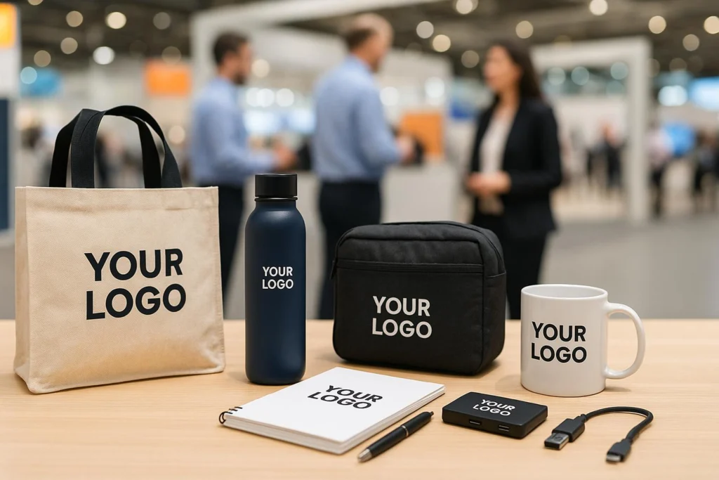 Trade show giveaway set on a table in front of an exhibition hall: canvas tote, navy bottle, black tech pouch, white mug, notebook, pen, USB hub and cable, each printed with a placeholder logo